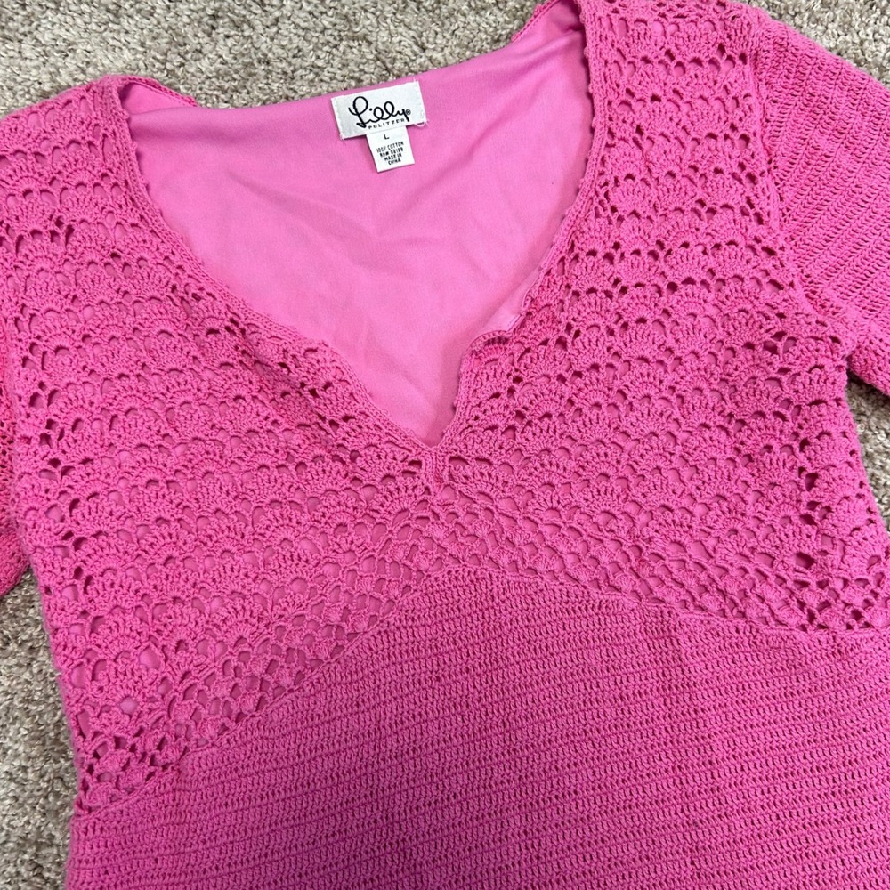 Lilly Pulitzer Pink Crochet Knit Sweater Women's Large L V-Neck Long Sleeve